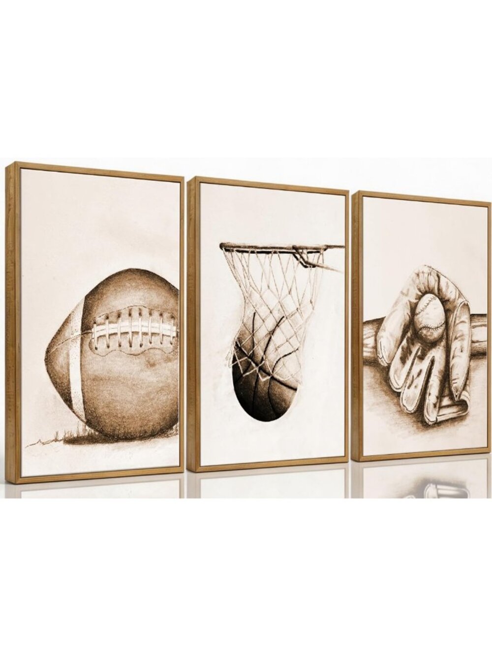 Set of 3 Framed Vintage Sports Canvas Art - Football, Baseball, Basketball Decor